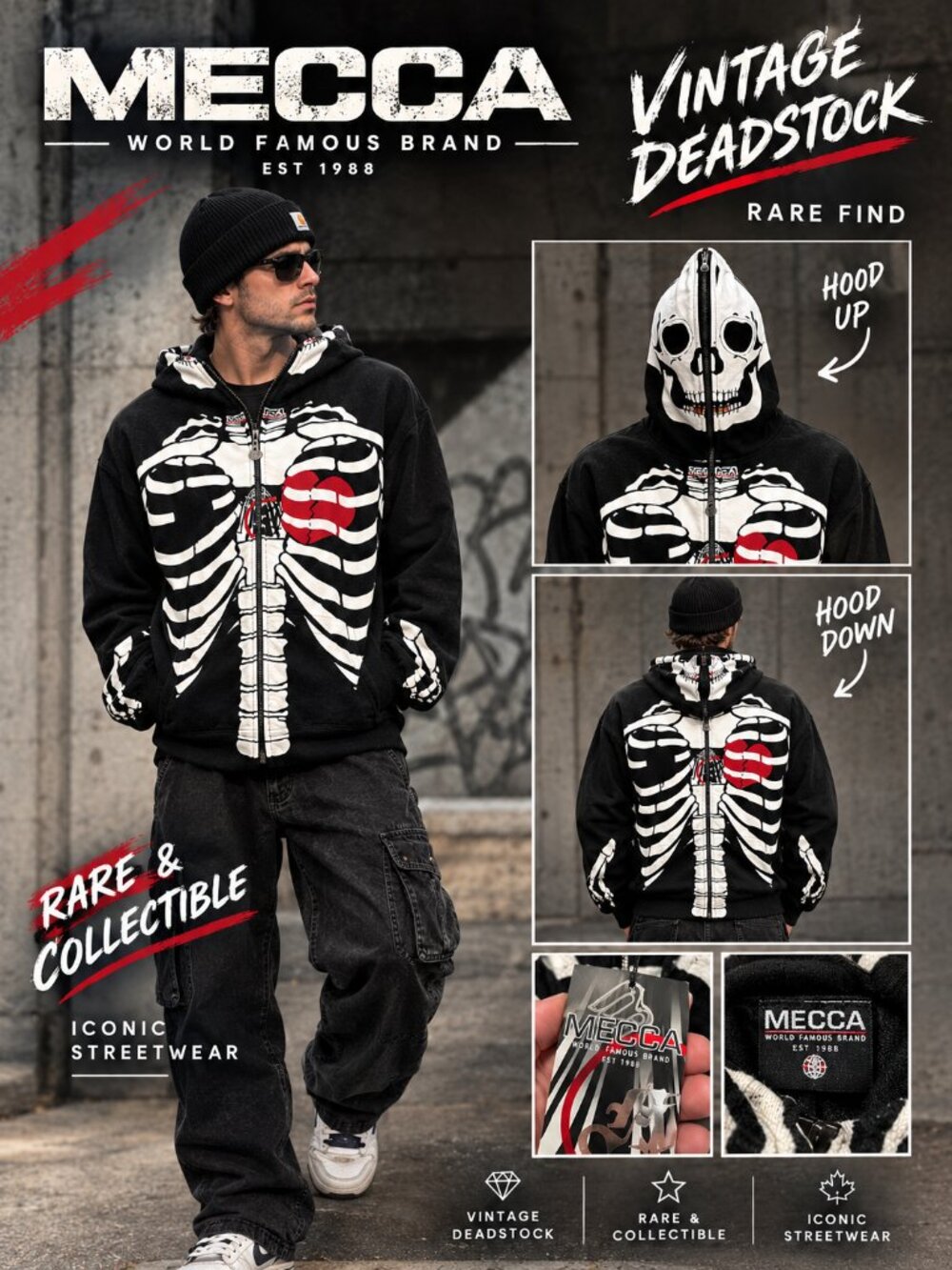 New Deadstock VTG Y2K Mecca Clothing Co Deadstock Skeleton Full Zip Hoodie RARE